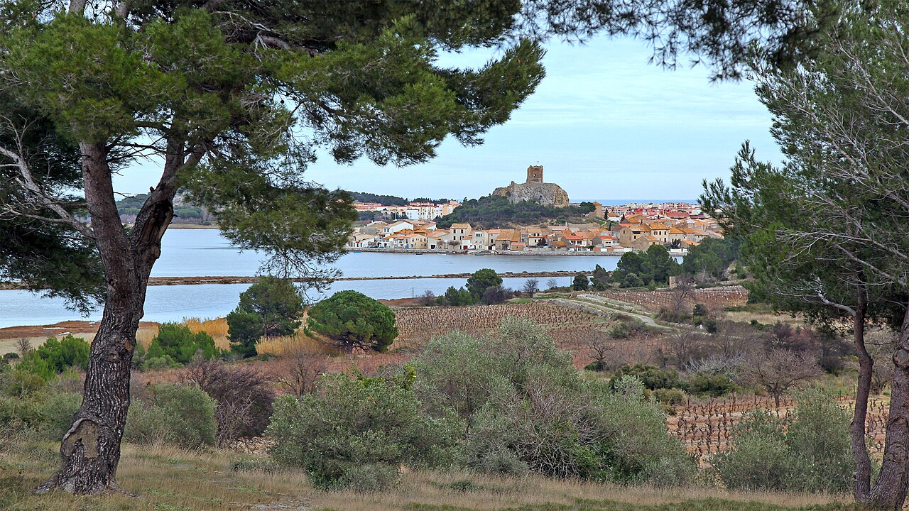 Vue de Gruissan côté ouest, avec le village, l’étang et la tour Barberousse